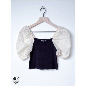 Share Women's Miou Muse Top S Puff Sleeve Knit Black White Square Neck Feminine